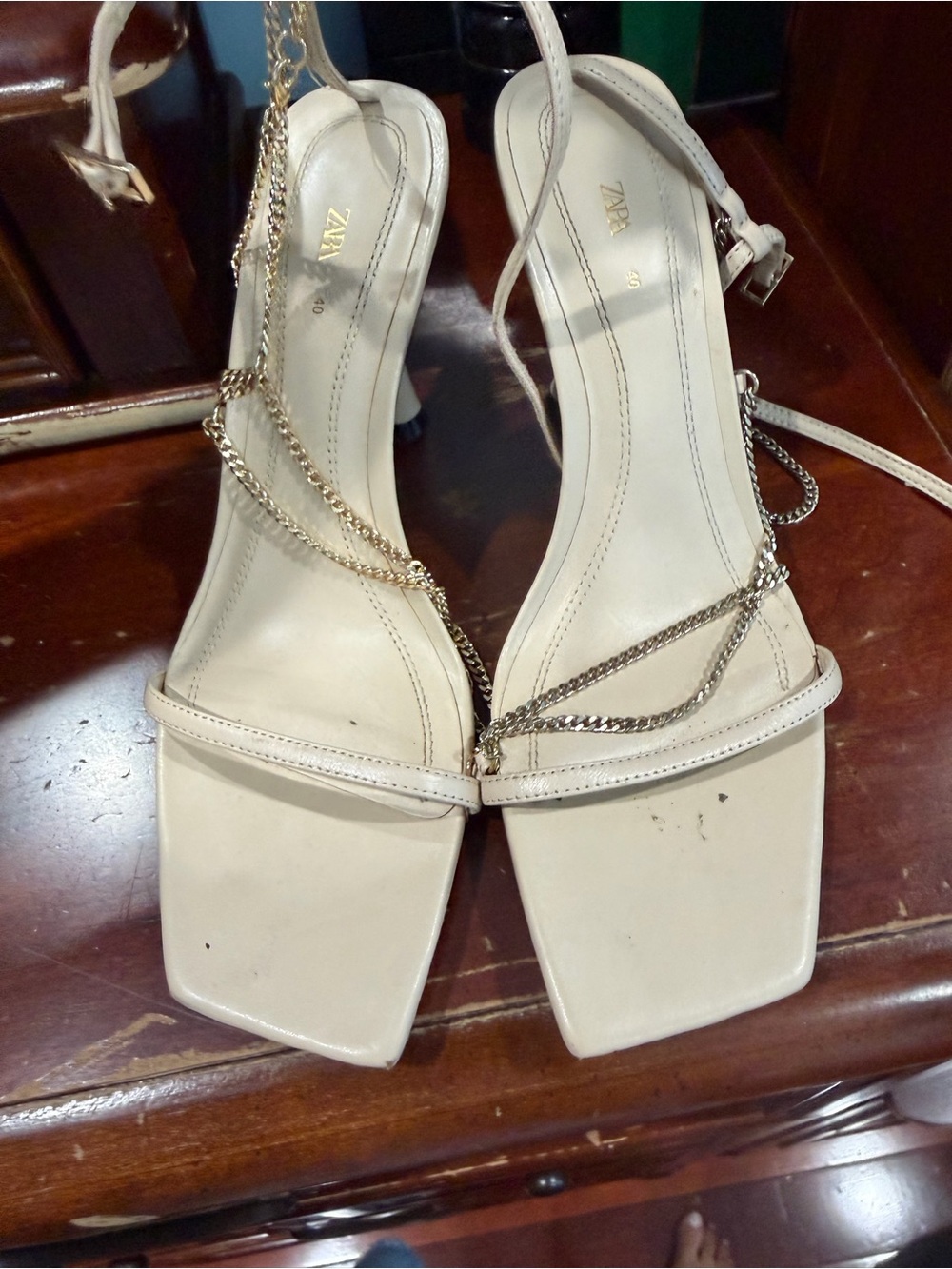 Zara Cream Slingback Heeled Sandals with Gold Chain Detail